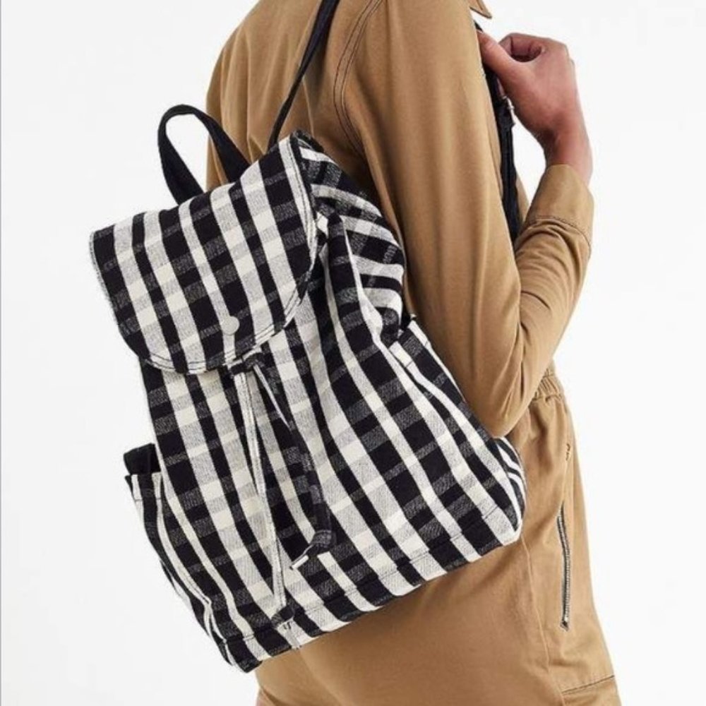Baggu Black & White Gingham Plaid Canvas Drawstring Backpack